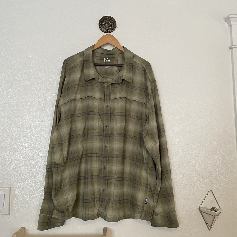 Rei Co-Op Long Sleeve Button Down Vented Green Plaid Shirt Size XXL